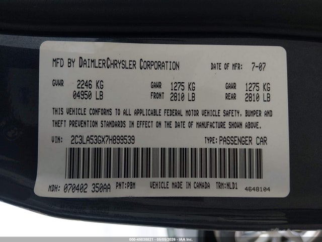 Продаж на аукціоні авто 2007 Chrysler 300 Touring, vin: 2C3LA53GX7H899539, номер лоту: 45038821