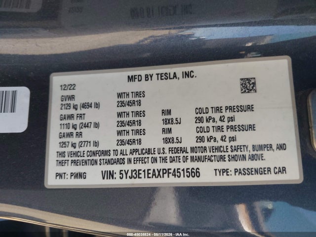Aukcja sprzedaży 2023 Tesla Model 3 Rear-wheel Drive, vin: 5YJ3E1EAXPF451566, numer aukcji: 45038824