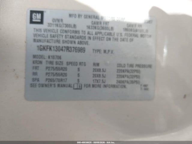 Aukcja sprzedaży 2007 Gmc Yukon Slt, vin: 1GKFK13047R376989, numer aukcji: 45038825