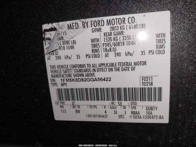 Продажа на аукционе авто 2016 Ford Explorer Xlt, vin: 1FM5K8D82GGA56422, номер лота: 45038830
