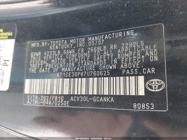 Aukcja sprzedaży 2007 Toyota Camry Solara Se, vin: 4T1CE30P87U760625, numer aukcji: 45038833
