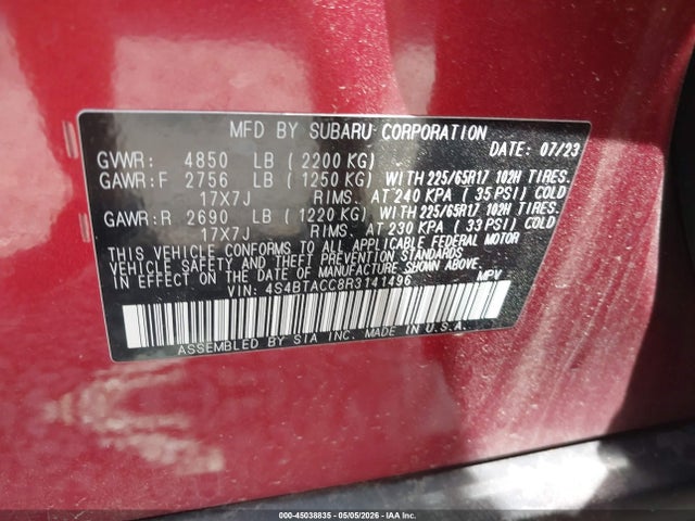 45038835 :رقم المزاد ، 4S4BTACC8R3141496 vin ، 2024 Subaru Outback Premium مزاد بيع
