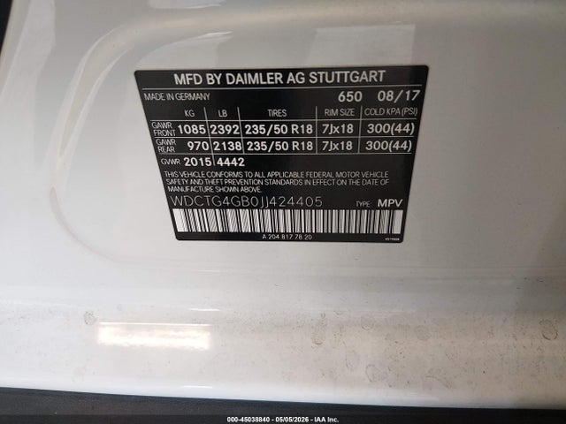 Aukcja sprzedaży 2018 Mercedes-benz Gla 250 4matic, vin: WDCTG4GB0JJ424405, numer aukcji: 45038840