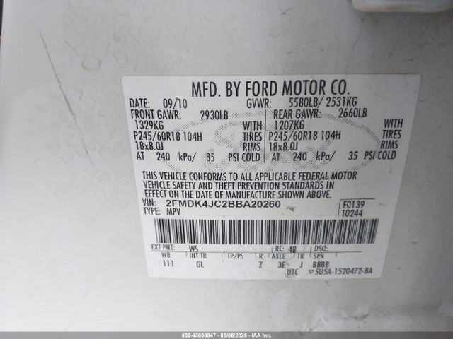 Aukcja sprzedaży 2011 Ford Edge Sel, vin: 2FMDK4JC2BBA20260, numer aukcji: 45038847
