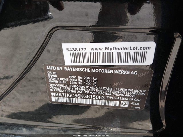 45038849 :رقم المزاد ، WBA7H6C56KG615063 vin ، 2019 Bmw M760i Xdrive مزاد بيع
