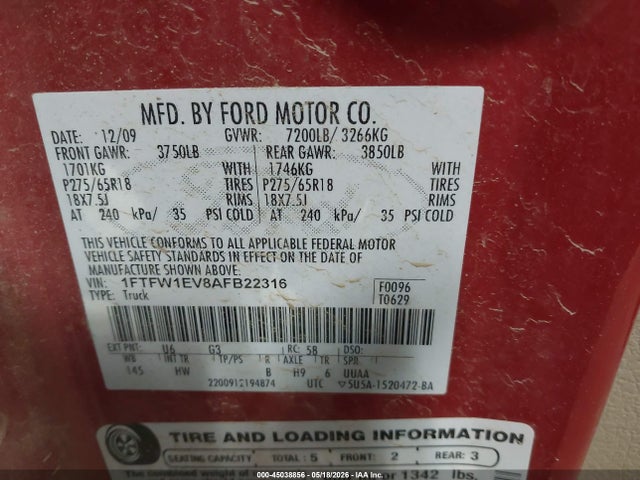 Aukcja sprzedaży 2010 Ford F-150 Fx4/harley-davidson/king Ranch/lariat/platinum/xl/xlt, vin: 1FTFW1EV8AFB22316, numer aukcji: 45038856