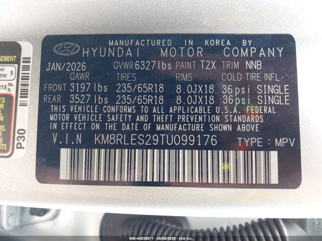 Продаж на аукціоні авто 2026 Hyundai Palisade Sel 7p, vin: KM8RLES29TU099176, номер лоту: 45038871