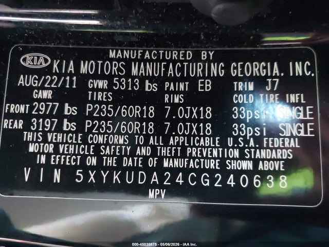 45038875 :رقم المزاد ، 5XYKUDA24CG240638 vin ، 2012 Kia Sorento Ex V6 مزاد بيع
