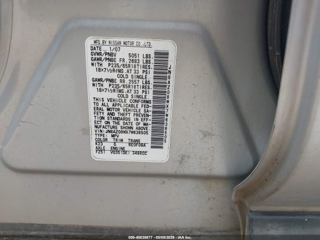 2007 Nissan Murano S მანქანა იყიდება აუქციონზე, vin: JN8AZ08WX7W636505, აუქციონის ნომერი: 45038877