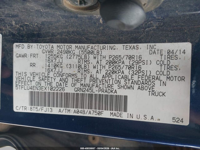 Aukcja sprzedaży 2014 Toyota Tacoma Base V6, vin: 5TFLU4EN3EX102226, numer aukcji: 45038887