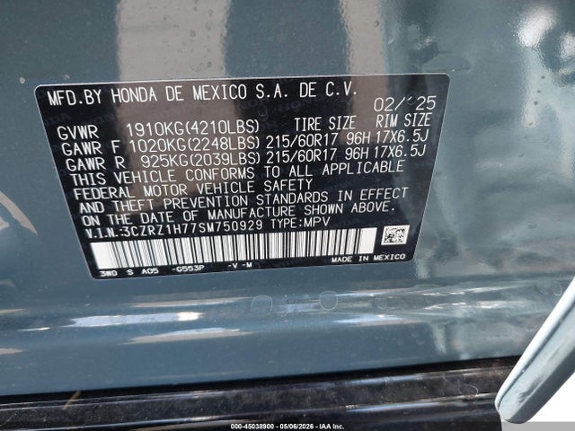 Продажа на аукционе авто 2025 Honda Hr-v 2wd Ex-l, vin: 3CZRZ1H77SM750929, номер лота: 45038900