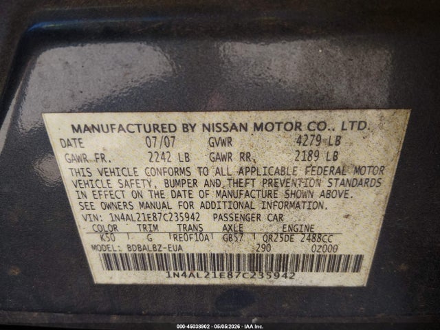 Aukcja sprzedaży 2007 Nissan Altima 2.5 S, vin: 1N4AL21E87C235942, numer aukcji: 45038902