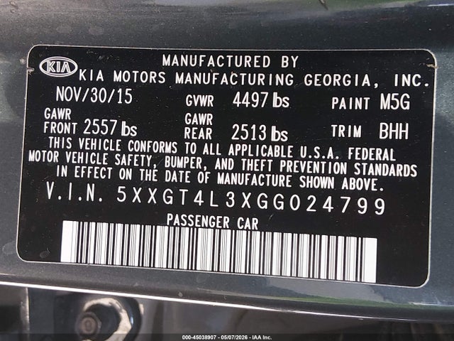 45038907 :رقم المزاد ، 5XXGT4L3XGG024799 vin ، 2016 Kia Optima Lx مزاد بيع
