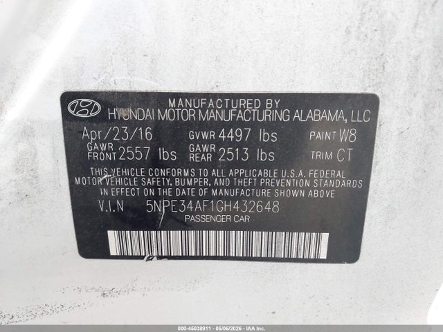 2016 Hyundai Sonata Sport მანქანა იყიდება აუქციონზე, vin: 5NPE34AF1GH432648, აუქციონის ნომერი: 45038911