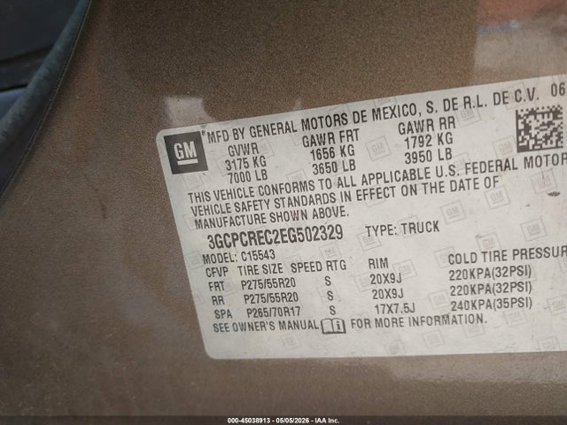 Aukcja sprzedaży 2014 Chevrolet Silverado 1500 1lt, vin: 3GCPCREC2EG502329, numer aukcji: 45038913