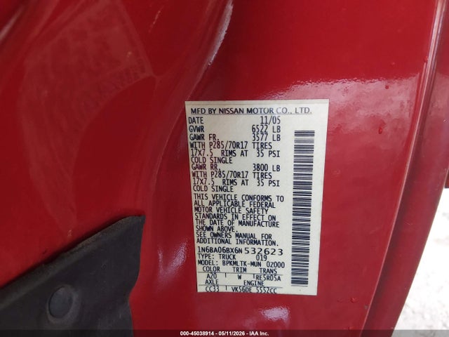 2006 Nissan Titan Se მანქანა იყიდება აუქციონზე, vin: 1N6BA06BX6N532623, აუქციონის ნომერი: 45038914