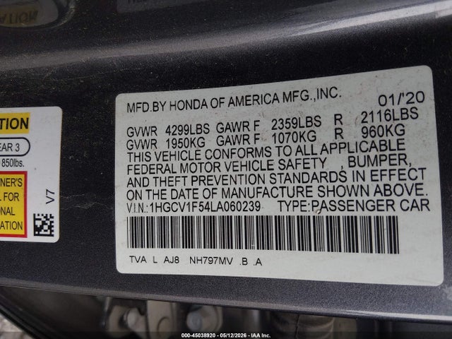 Продажа на аукционе авто 2020 Honda Accord Ex-l, vin: 1HGCV1F54LA060239, номер лота: 45038920