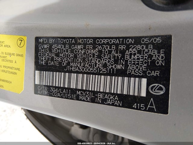 45038923 :رقم المزاد ، JTHBA30G055125111 vin ، 2005 Lexus Es 330 مزاد بيع