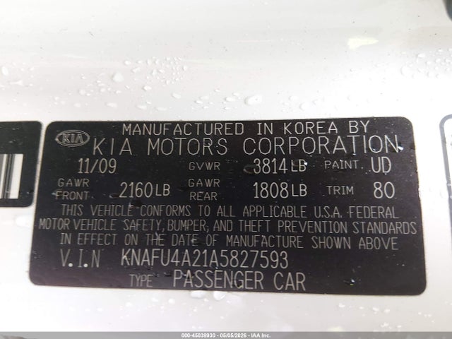 2010 Kia Forte Ex მანქანა იყიდება აუქციონზე, vin: KNAFU4A21A5827593, აუქციონის ნომერი: 45038930