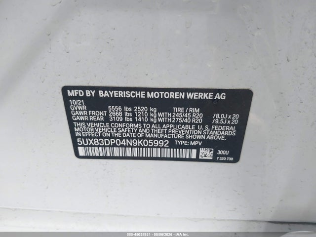 Auction sale of the 2022 Bmw X3 M40i, vin: 5UX83DP04N9K05992, lot number: 45038931