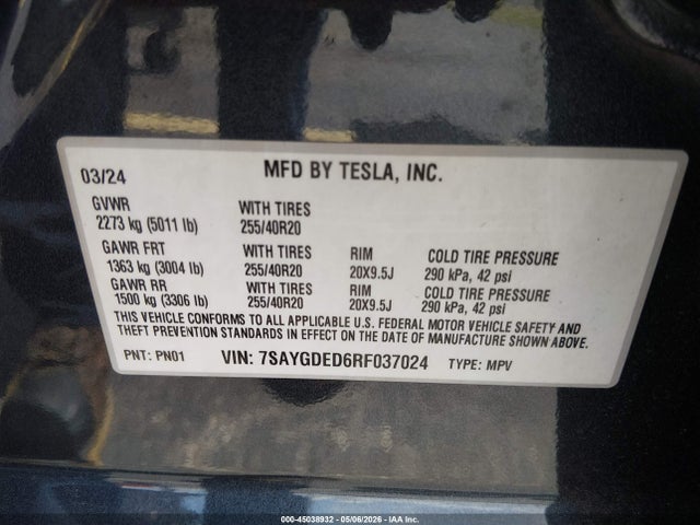 7SAYGDED6RF037024 Tesla Model Y Long Range Single Motor Rear-wheel Drive/rwd