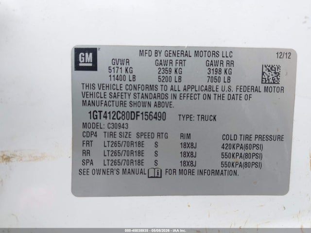 Aukcja sprzedaży 2013 Gmc Sierra 3500hd Work Truck, vin: 1GT412C80DF156490, numer aukcji: 45038935