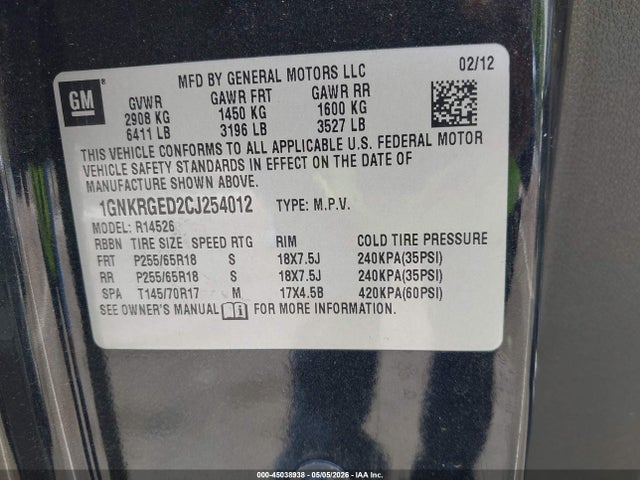 Продажа на аукционе авто 2012 Chevrolet Traverse 1lt, vin: 1GNKRGED2CJ254012, номер лота: 45038938