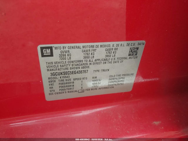 Продаж на аукціоні авто 2014 Chevrolet Silverado 1500 2lz, vin: 3GCUKSEC5EG438767, номер лоту: 45038942