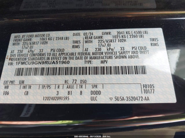 2024 Ford Escape Active მანქანა იყიდება აუქციონზე, vin: 1FMCU9GN9RUA51960, აუქციონის ნომერი: 45038948