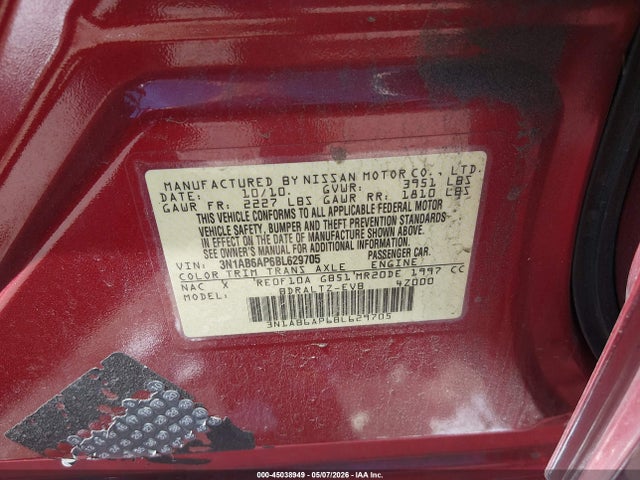 Aukcja sprzedaży 2011 Nissan Sentra 2.0s, vin: 3N1AB6AP6BL629705, numer aukcji: 45038949