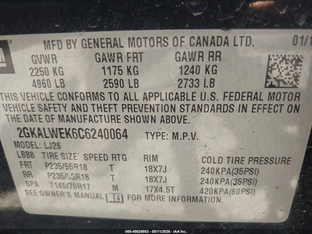 Aukcja sprzedaży 2012 Gmc Terrain Slt-2, vin: 2GKALWEK6C6240064, numer aukcji: 45038953
