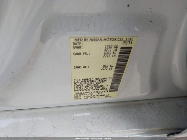 Продажа на аукционе авто 2014 Nissan Altima 2.5 S, vin: 1N4AL3AP6EC298283, номер лота: 45038955