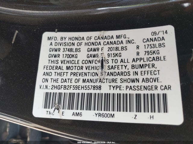 45038957 :رقم المزاد ، 2HGFB2F59EH557898 vin ، 2014 Honda Civic Lx مزاد بيع