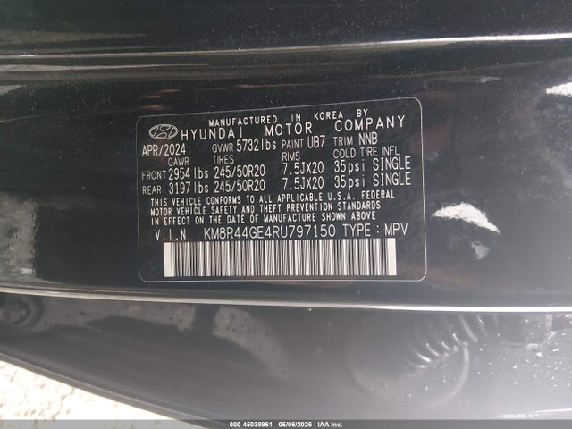 45038961 :رقم المزاد ، KM8R44GE4RU797150 vin ، 2024 Hyundai Palisade Sel مزاد بيع