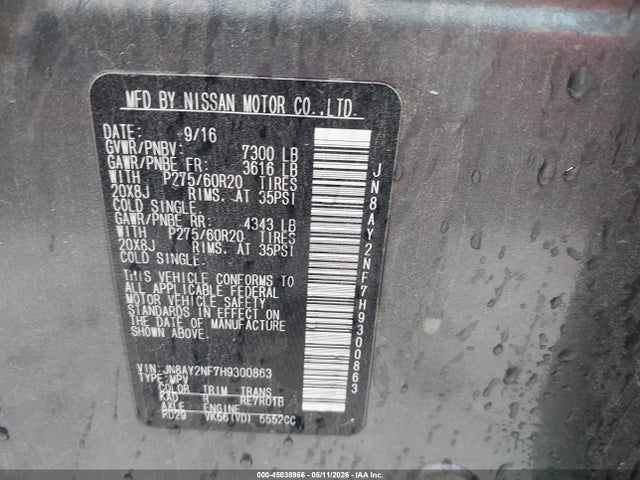 Продажа на аукционе авто 2017 Nissan Armada Platinum, vin: JN8AY2NF7H9300863, номер лота: 45038966