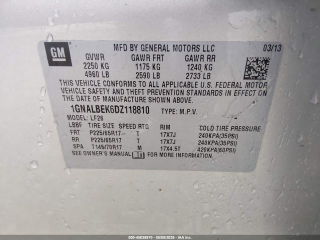 Aukcja sprzedaży 2013 Chevrolet Equinox Ls, vin: 1GNALBEK6DZ118810, numer aukcji: 45038970