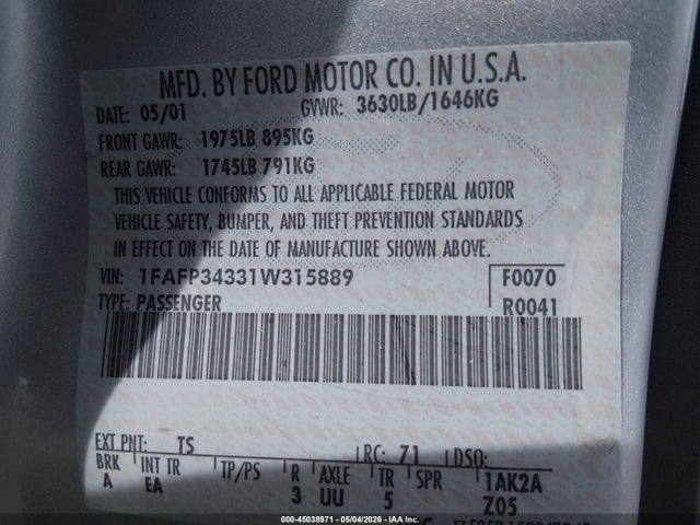 Продаж на аукціоні авто 2001 Ford Focus Se, vin: 1FAFP34331W315889, номер лоту: 45038971