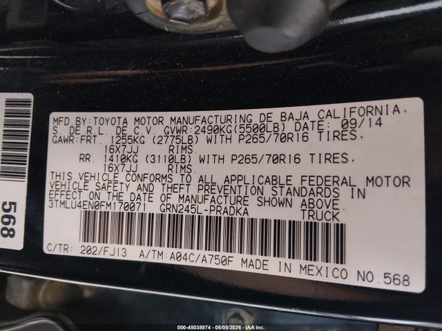 2015 Toyota Tacoma Base V6 მანქანა იყიდება აუქციონზე, vin: 3TMLU4EN0FM170071, აუქციონის ნომერი: 45038974