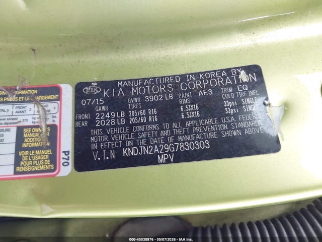 Auction sale of the 2016 Kia Soul, vin: KNDJN2A29G7830303, lot number: 45038976