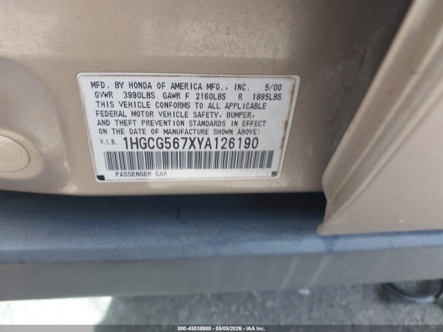 Aukcja sprzedaży 2000 Honda Accord 2.3 Se, vin: 1HGCG567XYA126190, numer aukcji: 45038980