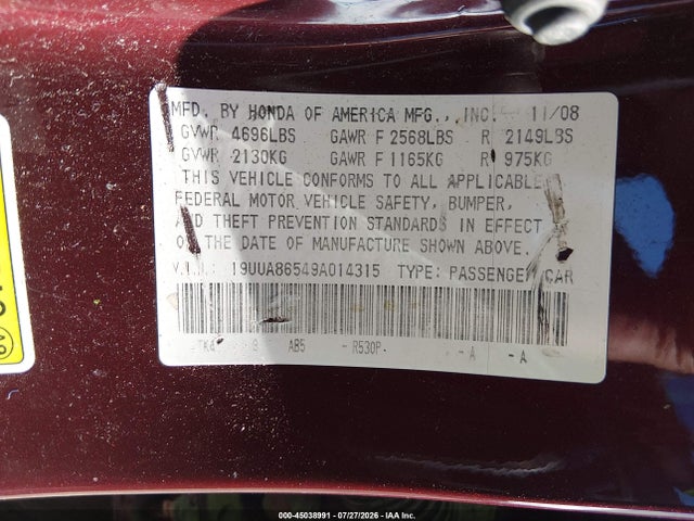 2009 Acura Tl 3.5 მანქანა იყიდება აუქციონზე, vin: 19UUA86549A014315, აუქციონის ნომერი: 45038991