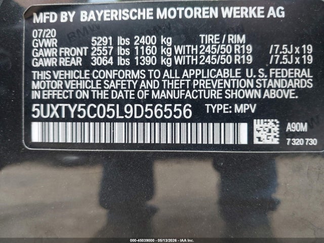 45039000 :رقم المزاد ، 5UXTY5C05L9D56556 vin ، 2020 Bmw X3 Xdrive30i مزاد بيع