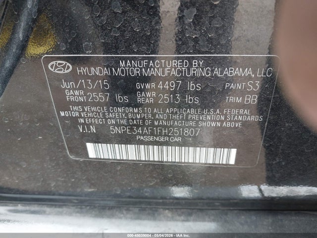 45039004 :رقم المزاد ، 5NPE34AF1FH251807 vin ، 2015 Hyundai Sonata Limited مزاد بيع