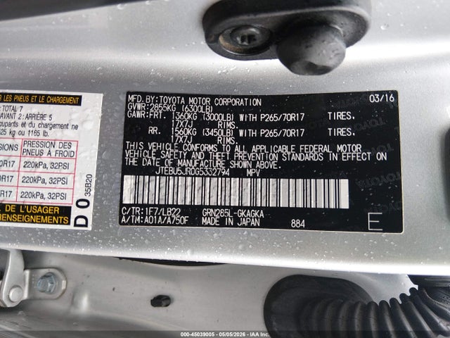 Aukcja sprzedaży 2016 Toyota 4runner Sr5 Premium, vin: JTEBU5JR0G5332794, numer aukcji: 45039005