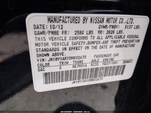 Продажа на аукционе авто 2013 Infiniti M37x, vin: JN1BY1AR1DM602475, номер лота: 45039007