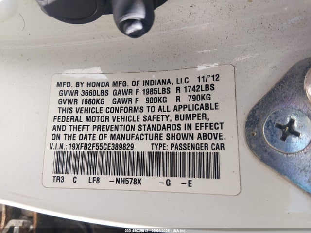 45039012 :رقم المزاد ، 19XFB2F55CE389829 vin ، 2012 Honda Civic Lx مزاد بيع