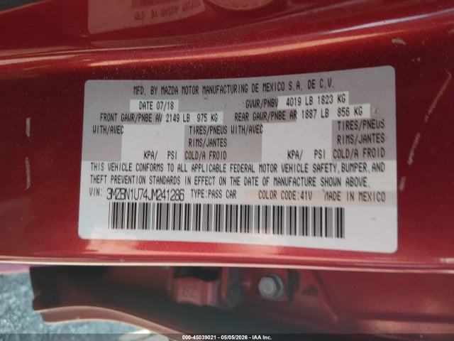 Продажа на аукционе авто 2018 Mazda Mazda3 Sport, vin: 3MZBN1U74JM241286, номер лота: 45039021