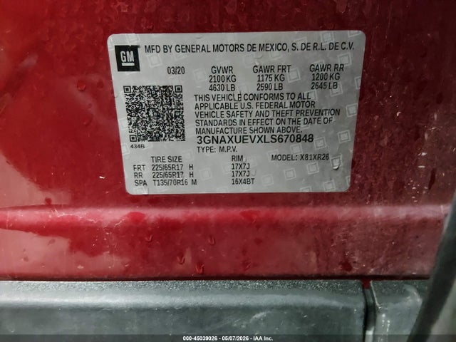 45039026 :رقم المزاد ، 3GNAXUEVXLS670848 vin ، 2020 Chevrolet Equinox Awd Lt 1.5l Turbo مزاد بيع