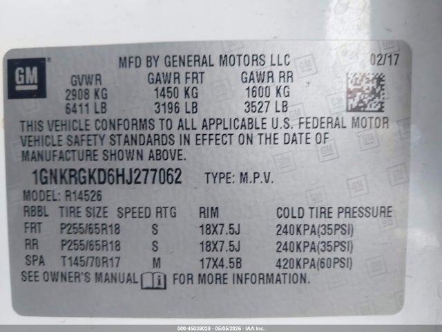 1GNKRGKD6HJ277062 Chevrolet Traverse 1lt