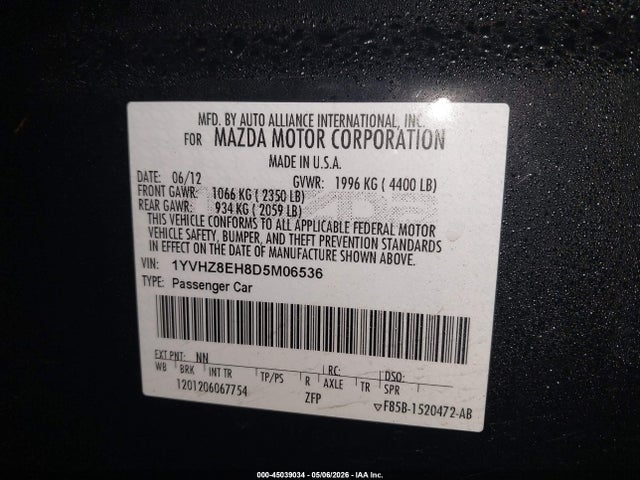 2013 Mazda Mazda6 I Touring Plus მანქანა იყიდება აუქციონზე, vin: 1YVHZ8EH8D5M06536, აუქციონის ნომერი: 45039034